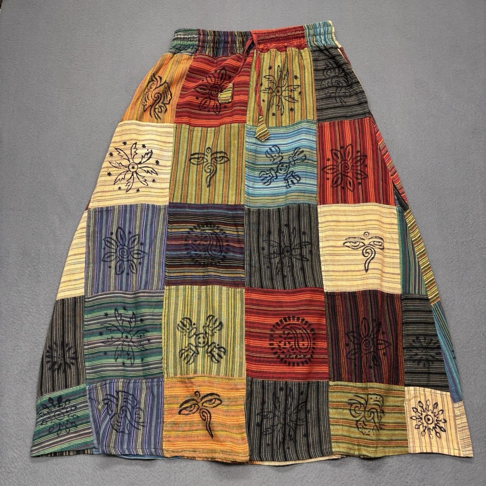 Patchwork Striped Midi Skirt Size S Boho Hippie Retro 100% Cotton Made in Nepal - Picture 2 of 13